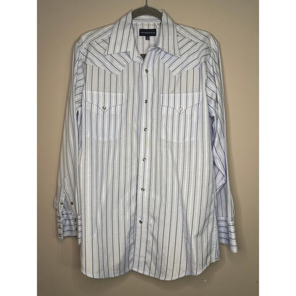 Panhandle Slim Men's Blue Striped Pearl Snap Long Sleeve Shirt Medium - Picture 1 of 9